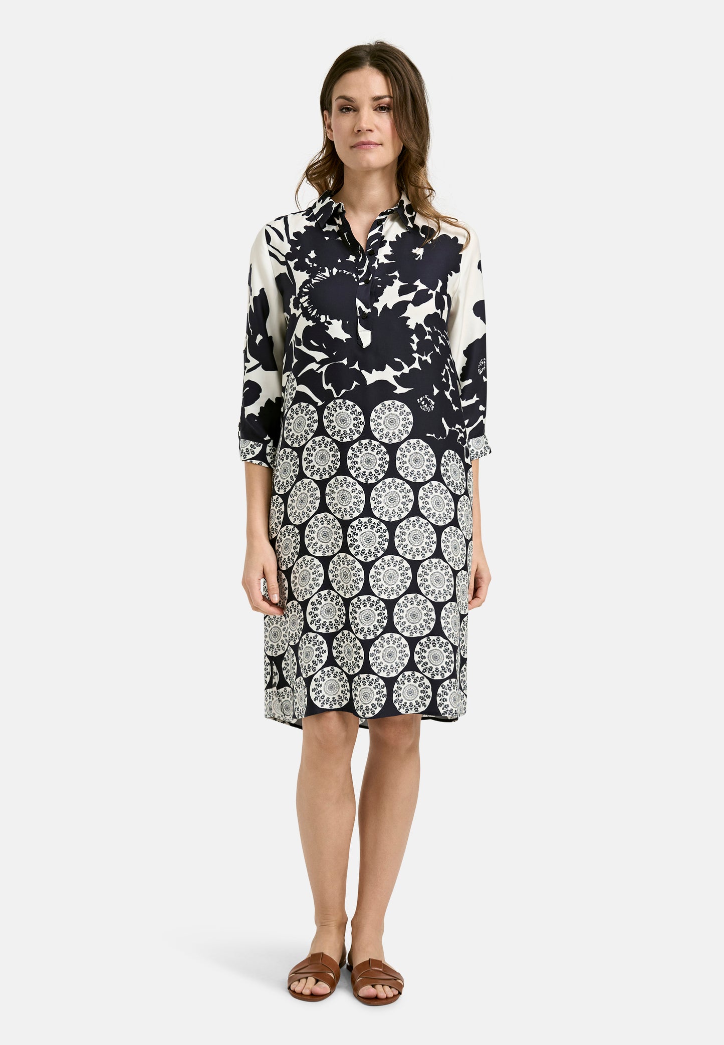 Dress with collar, half placket, 3/4 sleeves w cuffs + turn up