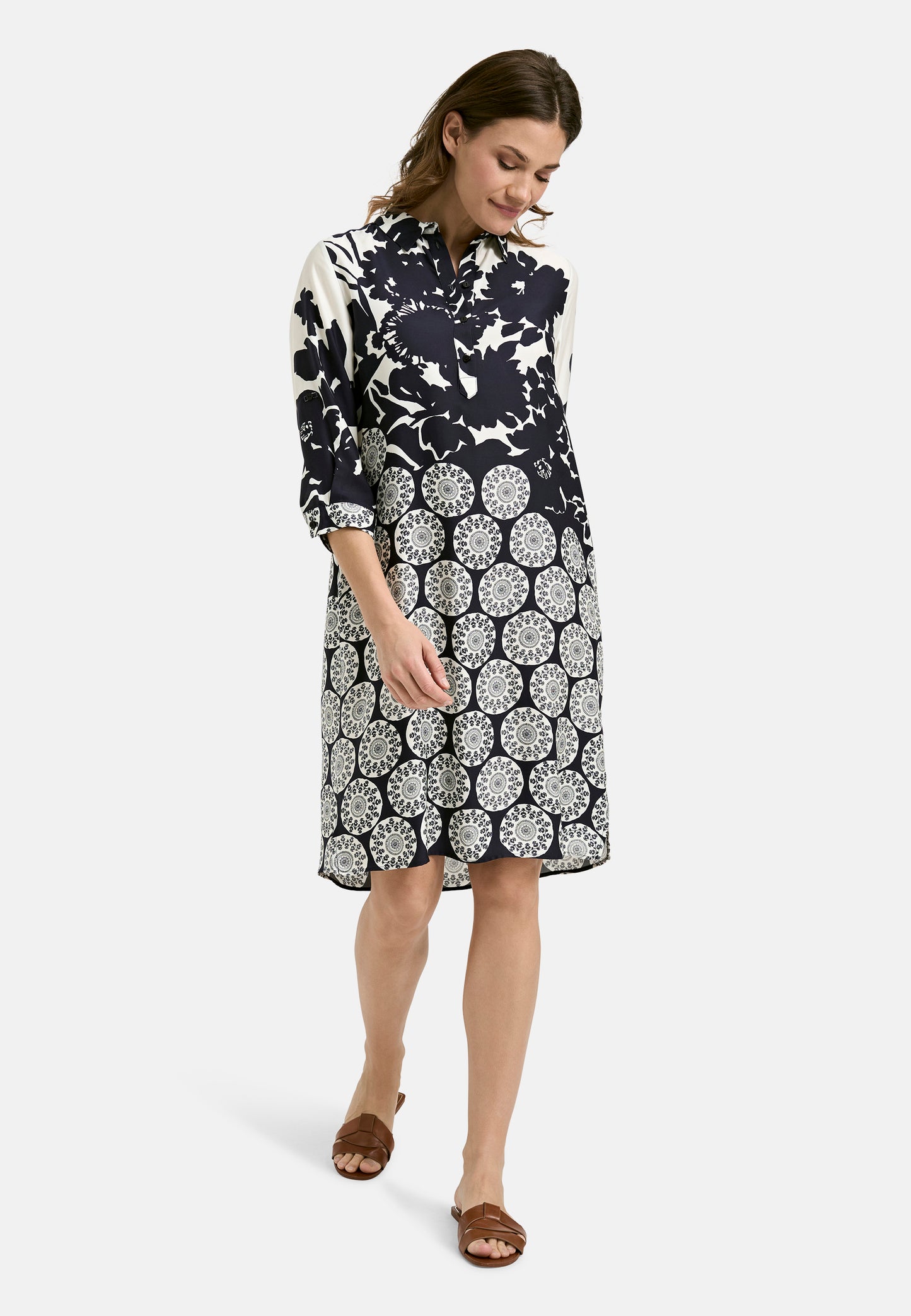 Dress with collar, half placket, 3/4 sleeves w cuffs + turn up