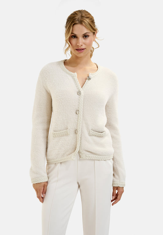 cardigan w roundneck, placket at cf, 1/1 sleeves