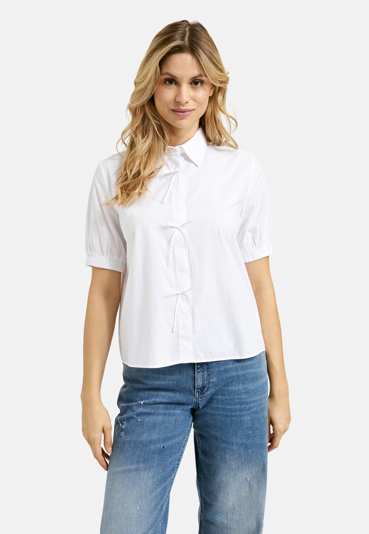 Blouse w collar, placket + bows at cf, 1/2 sleeve w elastic cuff