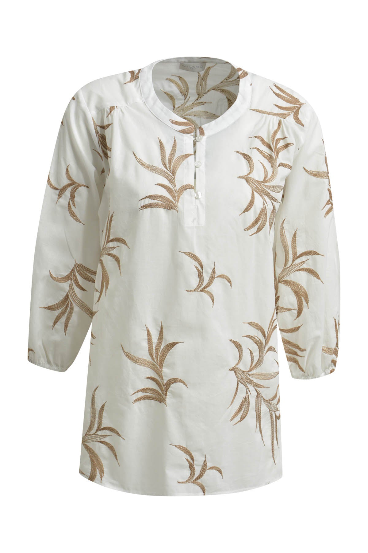 Blouse w neckpanel, slit at cf w buttons + loops + 3/4 sleeve