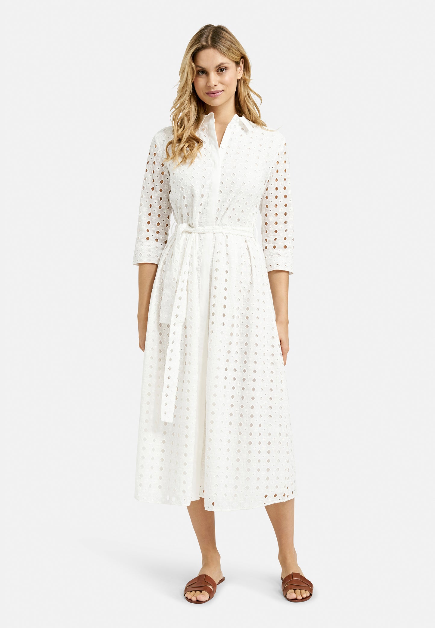 Dress with collar + placket, 3/4 sleeve + belt