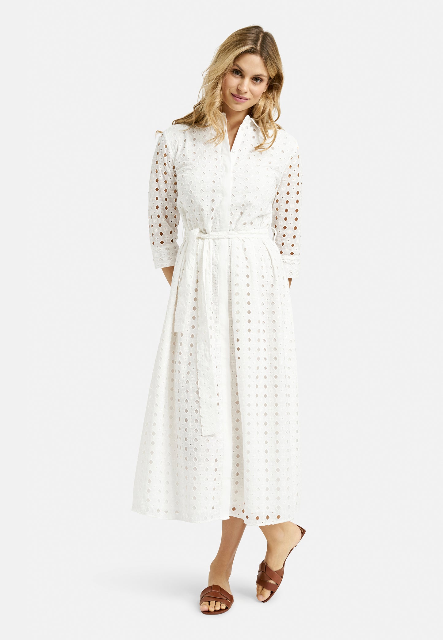 Dress with collar + placket, 3/4 sleeve + belt