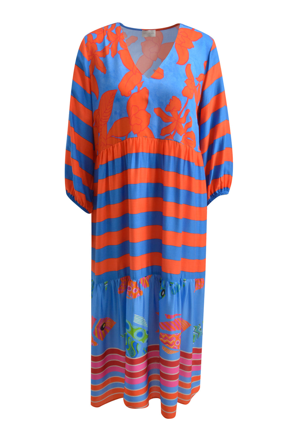 Maxidress with v-neck, voluminous sleeves and wide skirt