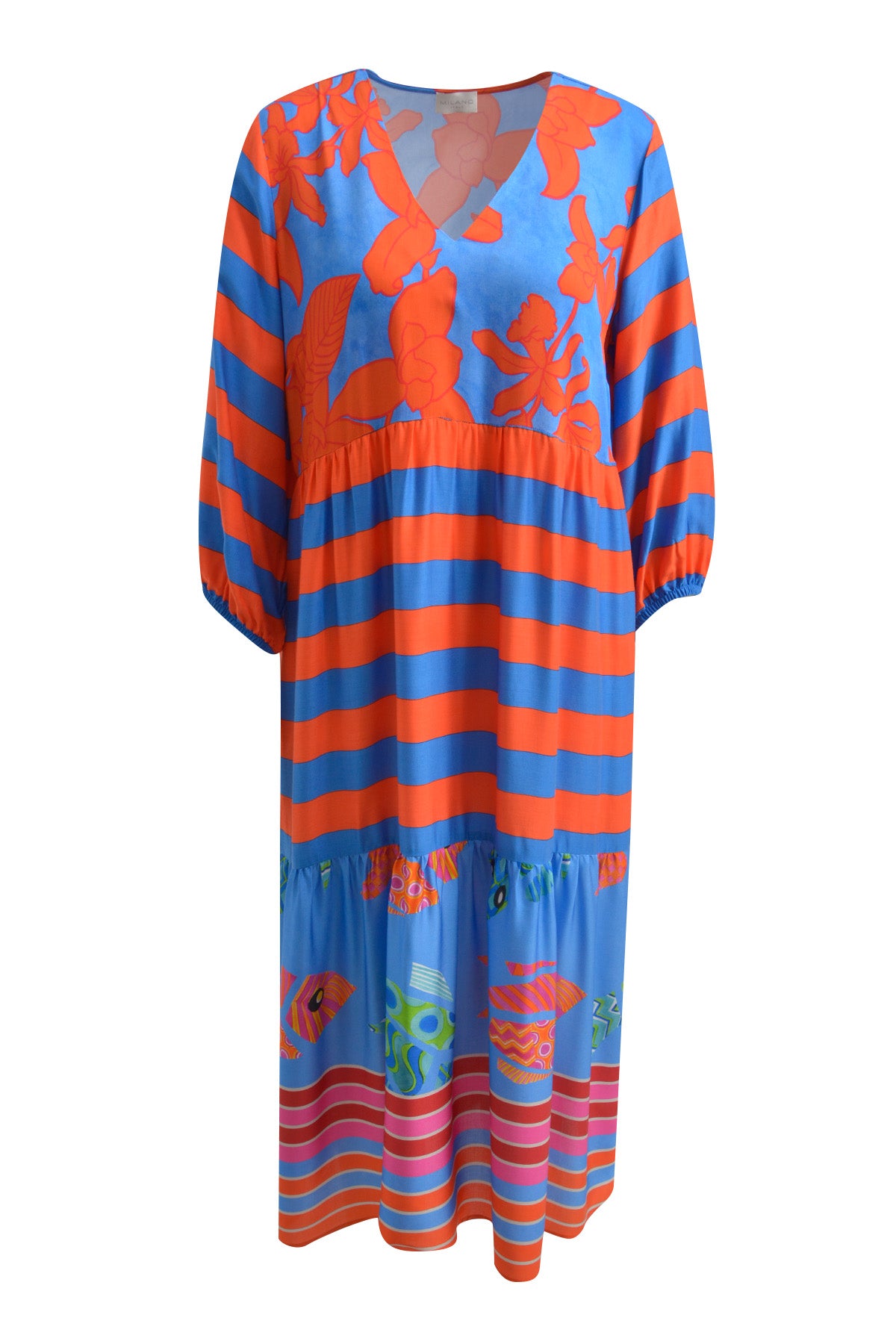 Maxidress with v-neck, voluminous sleeves and wide skirt