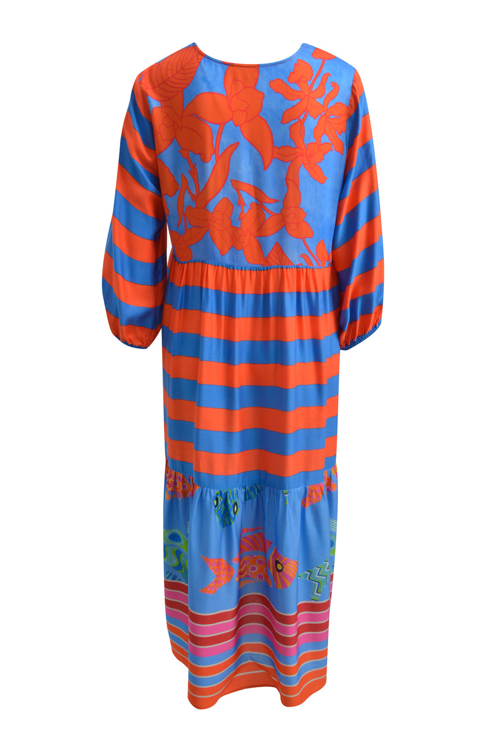 Maxidress with v-neck, voluminous sleeves and wide skirt