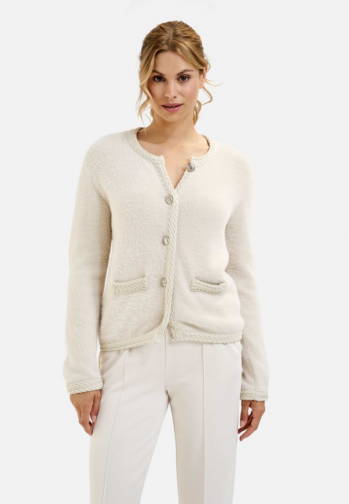 cardigan w roundneck, placket at cf, 1/1 sleeves