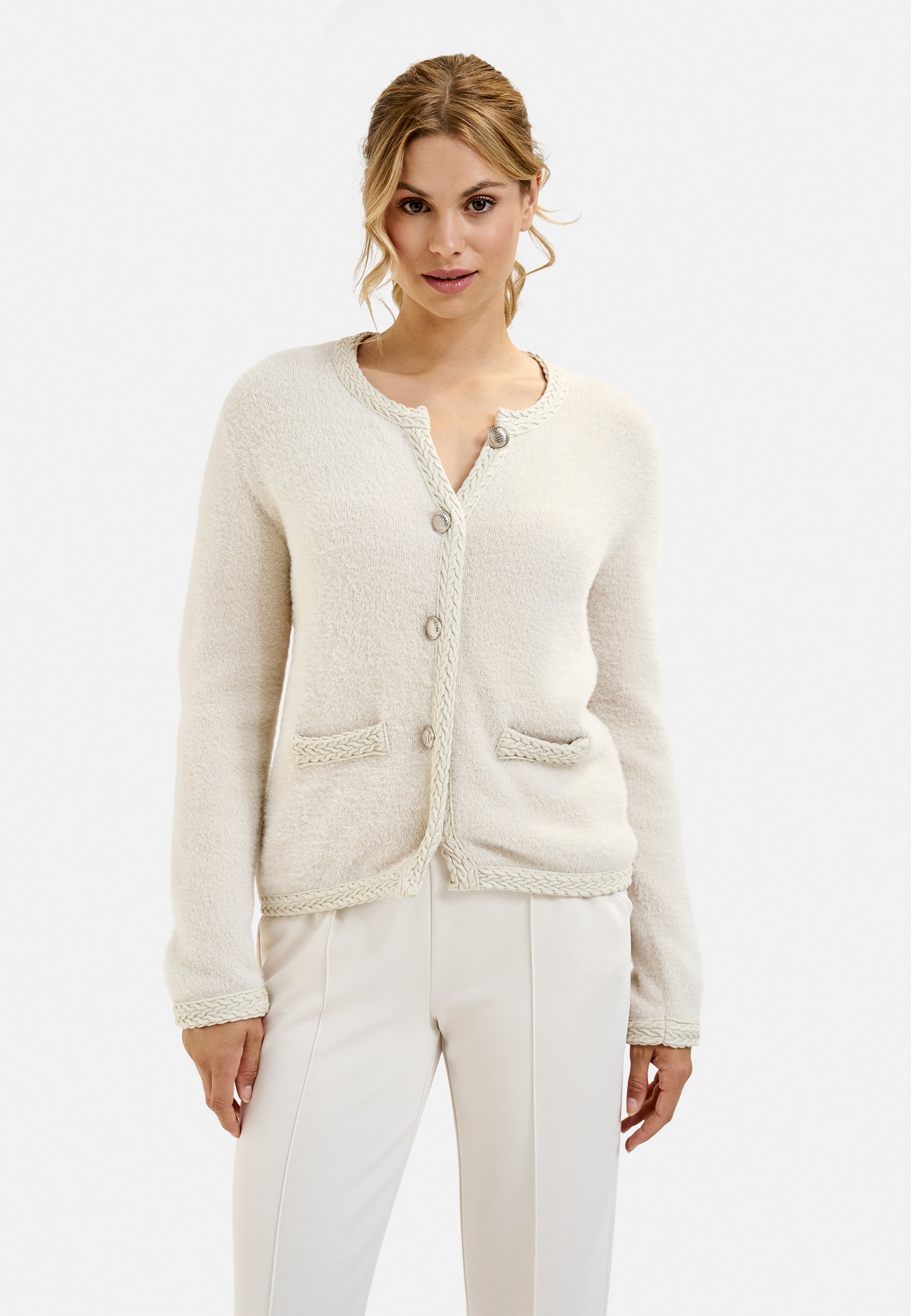 cardigan w roundneck, placket at cf, 1/1 sleeves