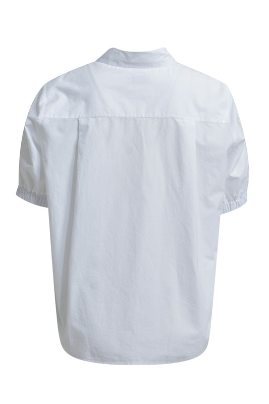 Blouse w collar, placket + bows at cf, 1/2 sleeve w elastic cuff