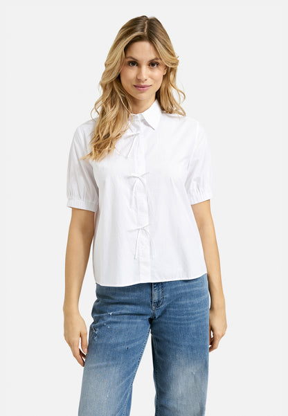 Blouse w collar, placket + bows at cf, 1/2 sleeve w elastic cuff