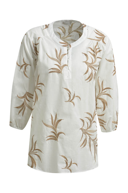 Blouse w neckpanel, slit at cf w buttons + loops + 3/4 sleeve