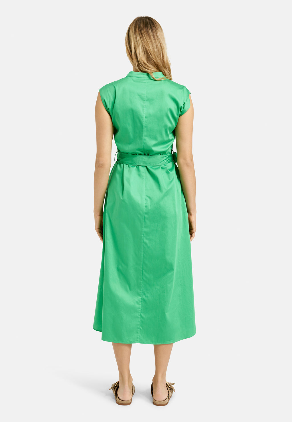 sleeveless Mididress w v-neck, placket + belt