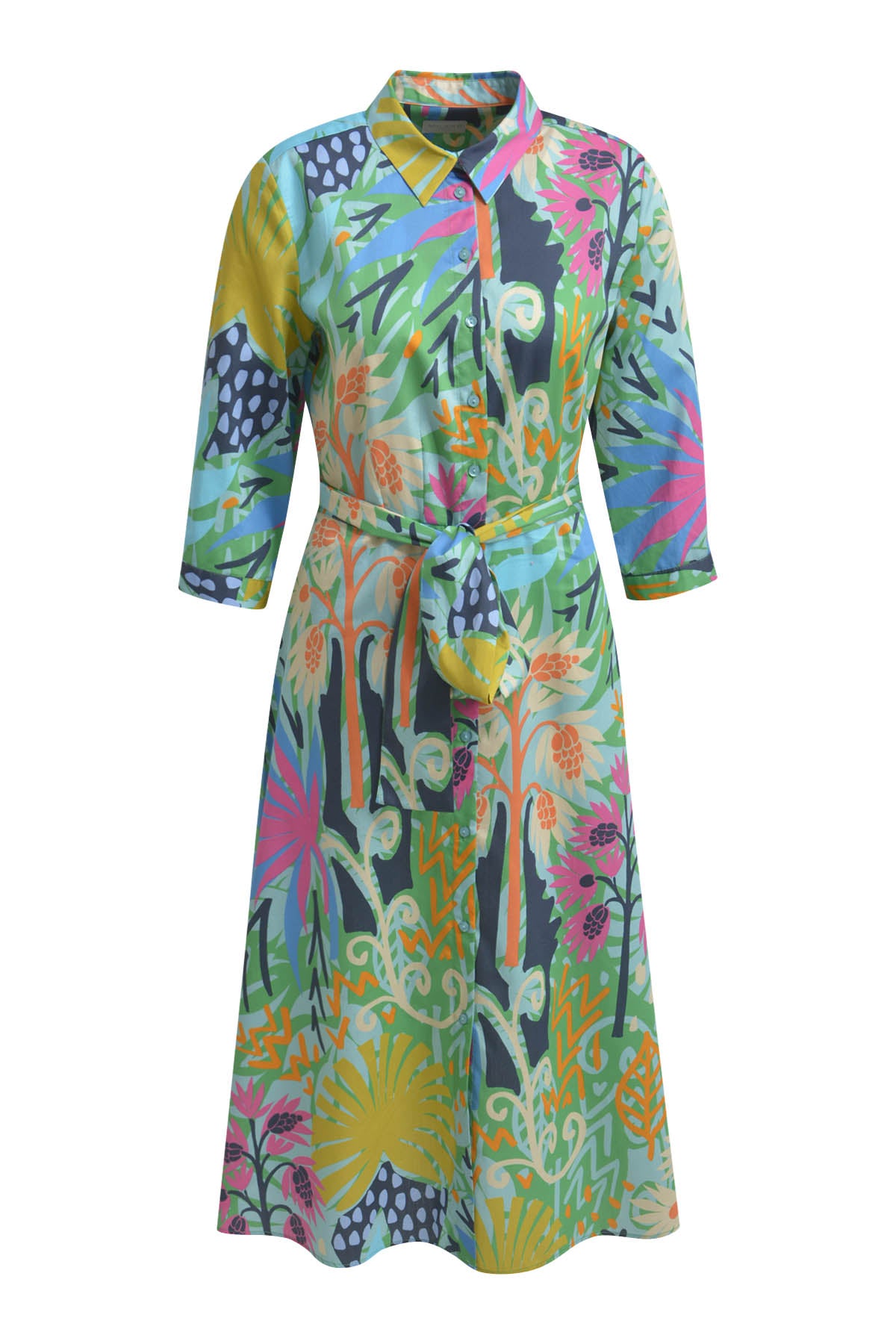 Dress with collar + placket, 3/4 sleeve w tum up + belt