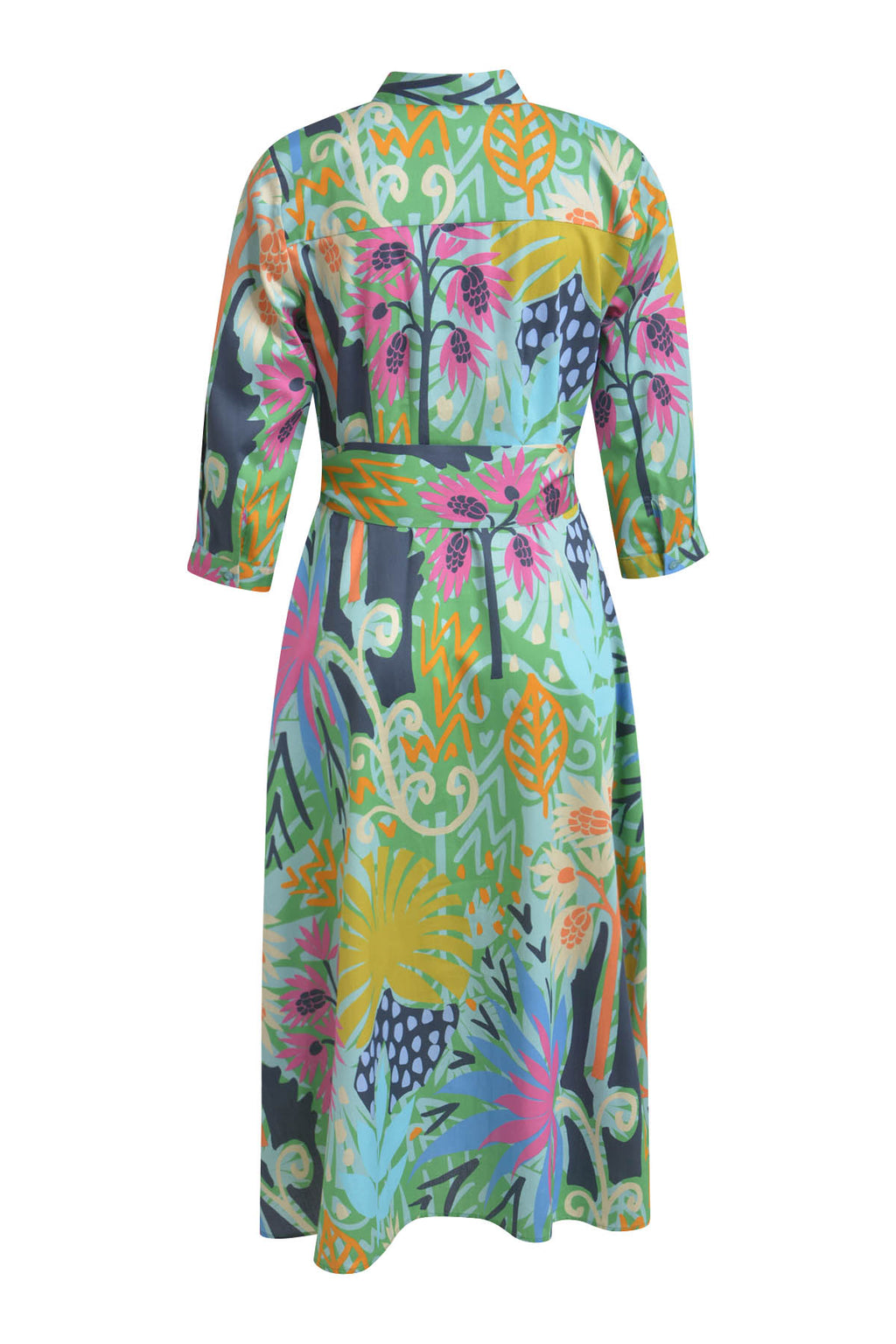 Dress with collar + placket, 3/4 sleeve w tum up + belt