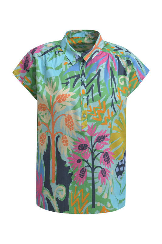 sleeveless Blouse w oversized shoulder, collar + short placket