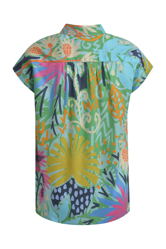 sleeveless Blouse w oversized shoulder, collar + short placket