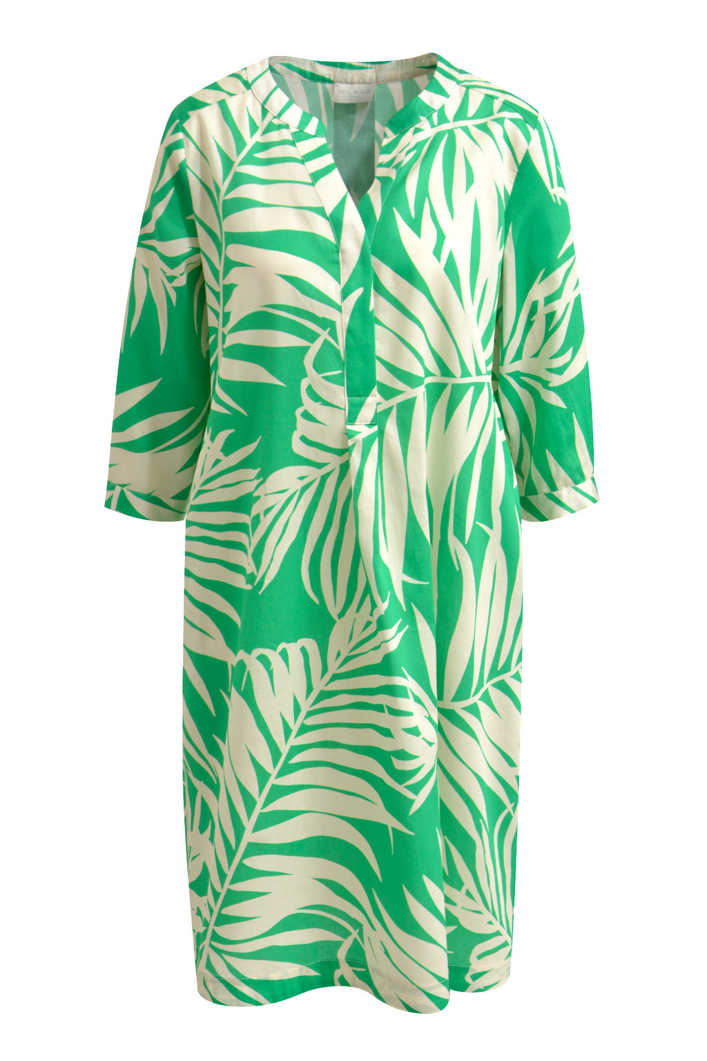 Dress w roundneck + short placket, 3/4 sleeves