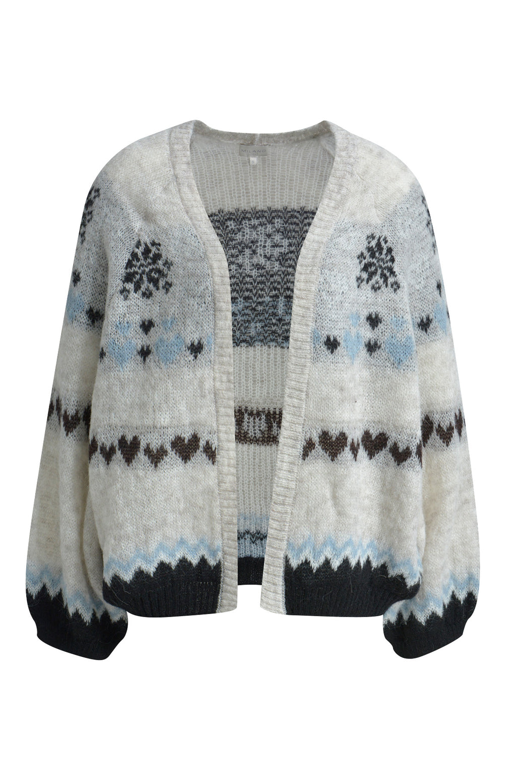 open cardigan w/ intarsia 1/1 raglan sleeve