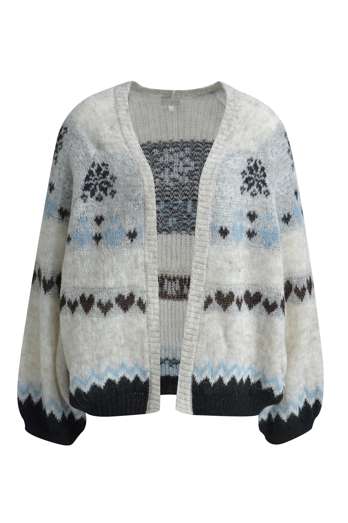 open cardigan w/ intarsia 1/1 raglan sleeve