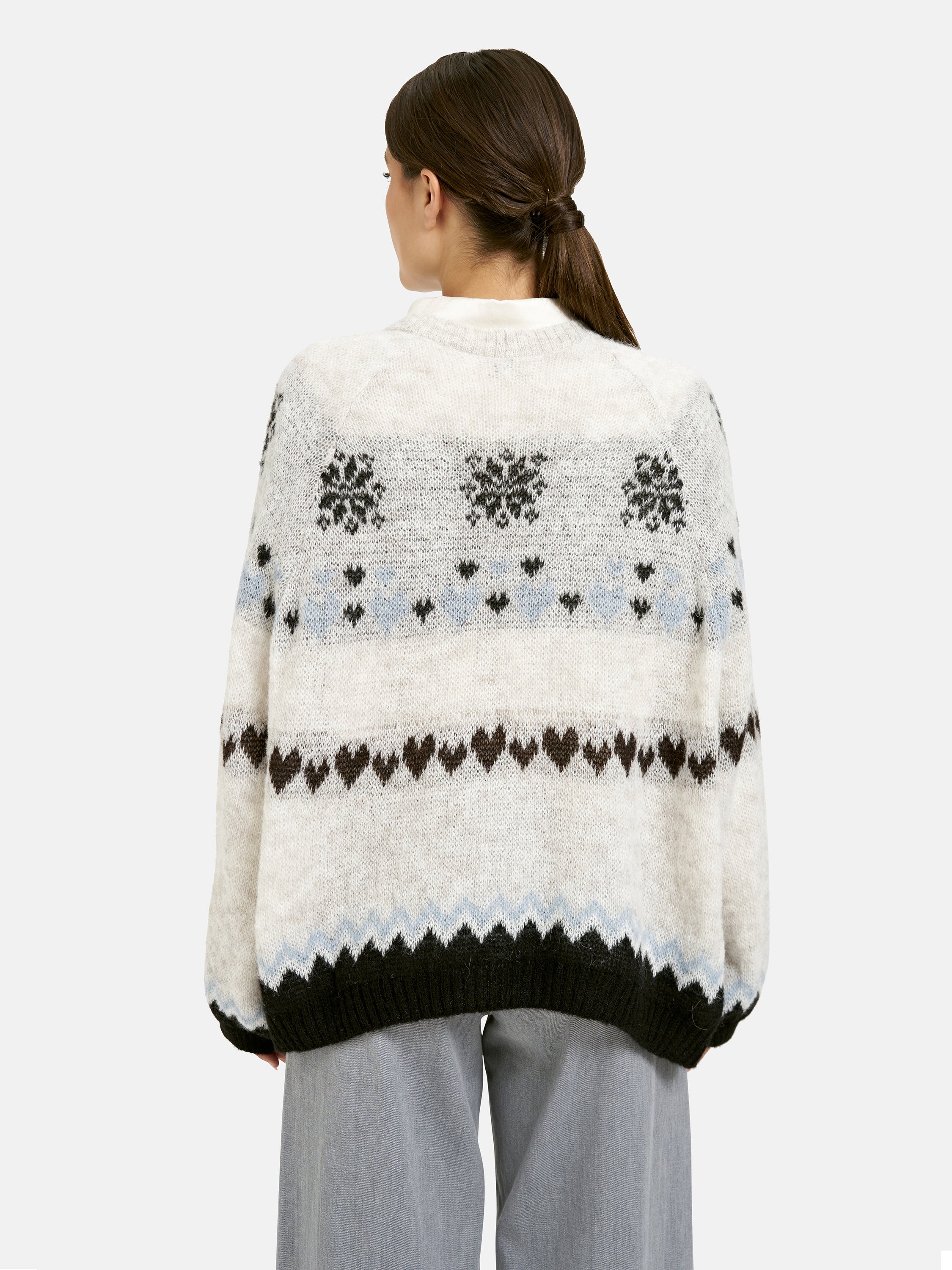 open cardigan w/ intarsia 1/1 raglan sleeve