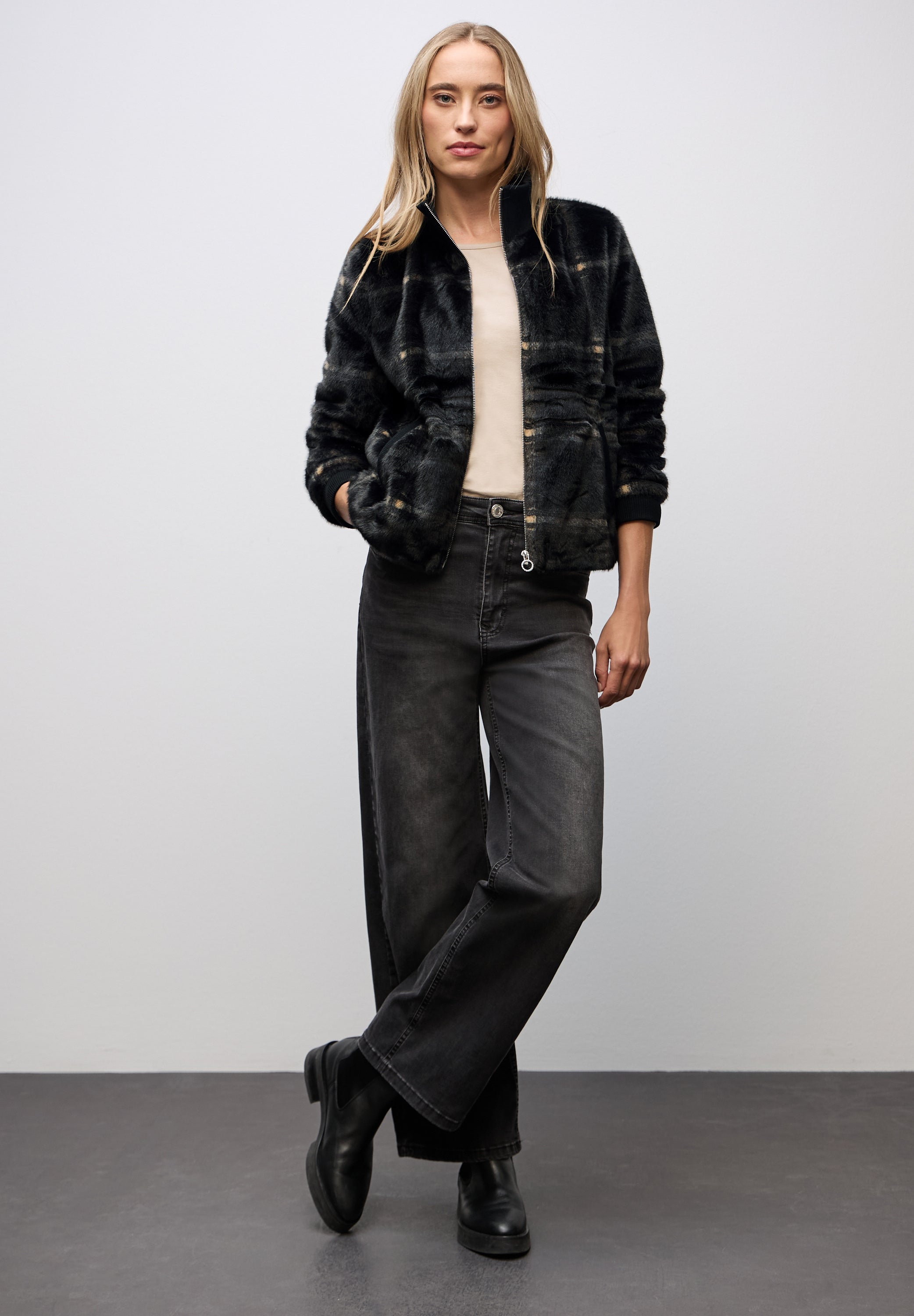 Karierte Fake Fur Jacke