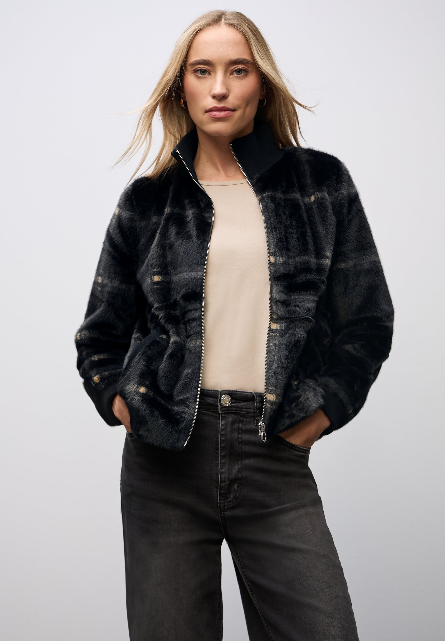 Karierte Fake Fur Jacke