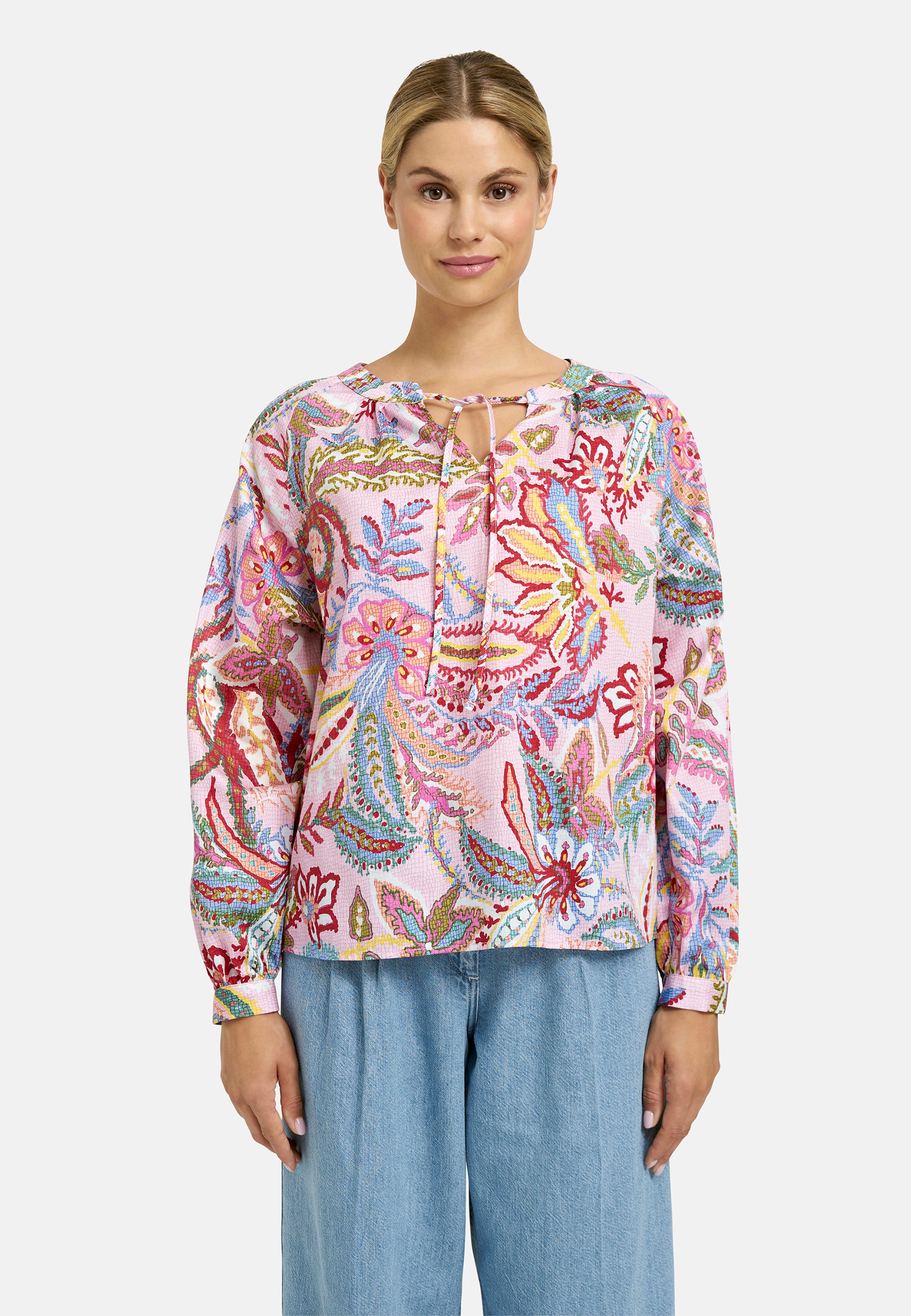raglan sleeve blouse, neckpanel w/ slit