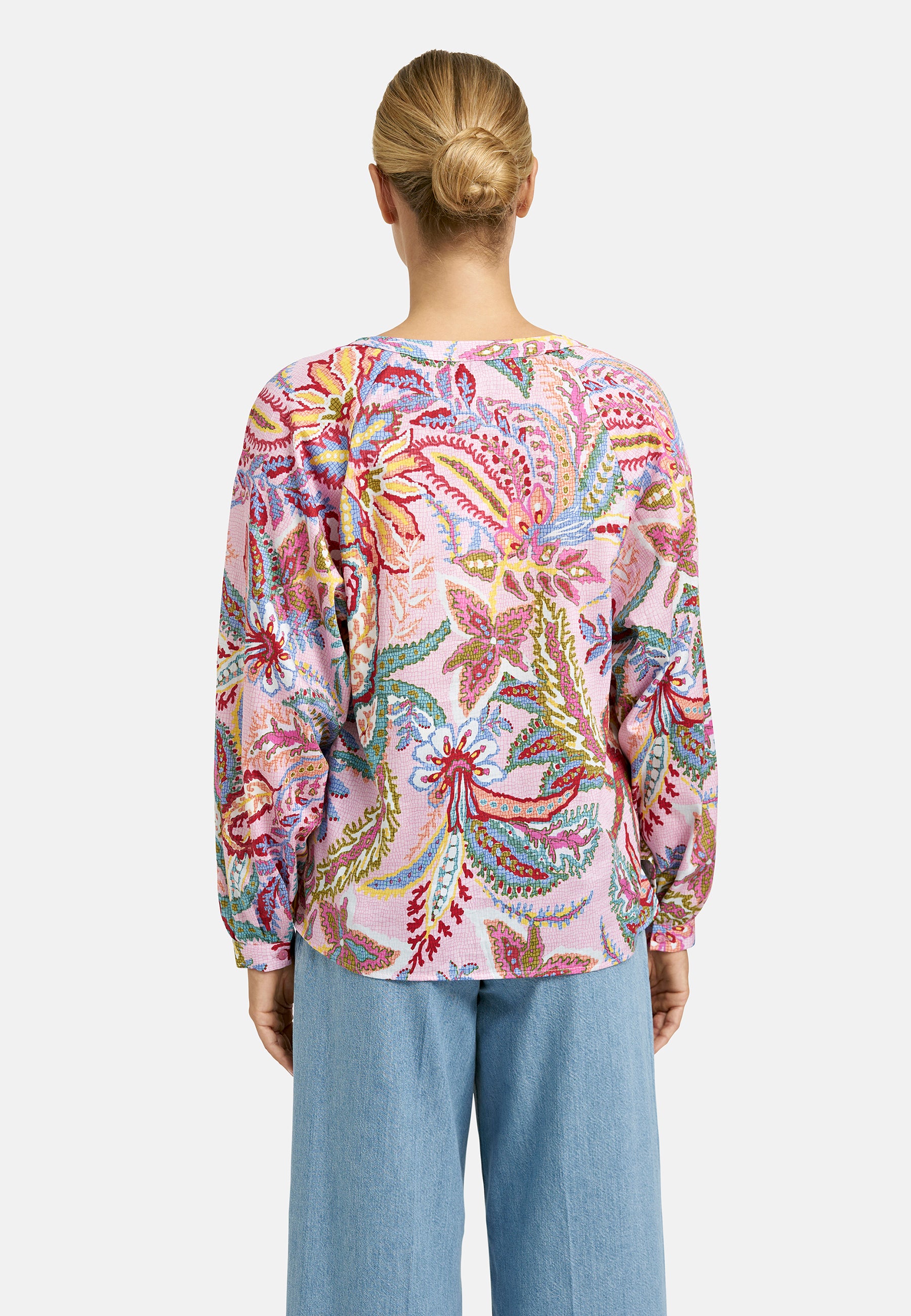 raglan sleeve blouse, neckpanel w/ slit