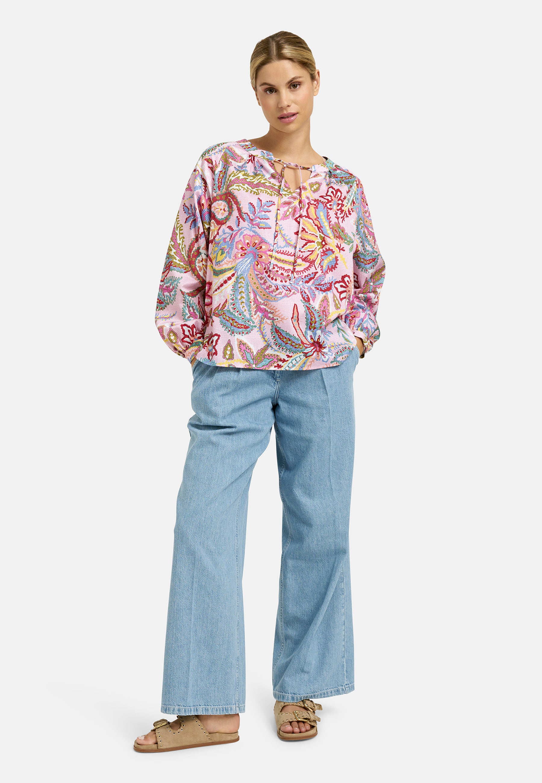 raglan sleeve blouse, neckpanel w/ slit