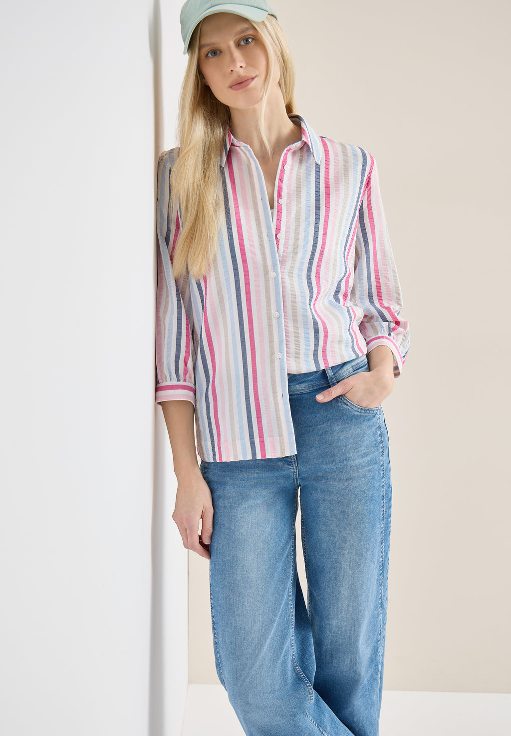 3/4-Arm Bluse in Seersucker Qualität