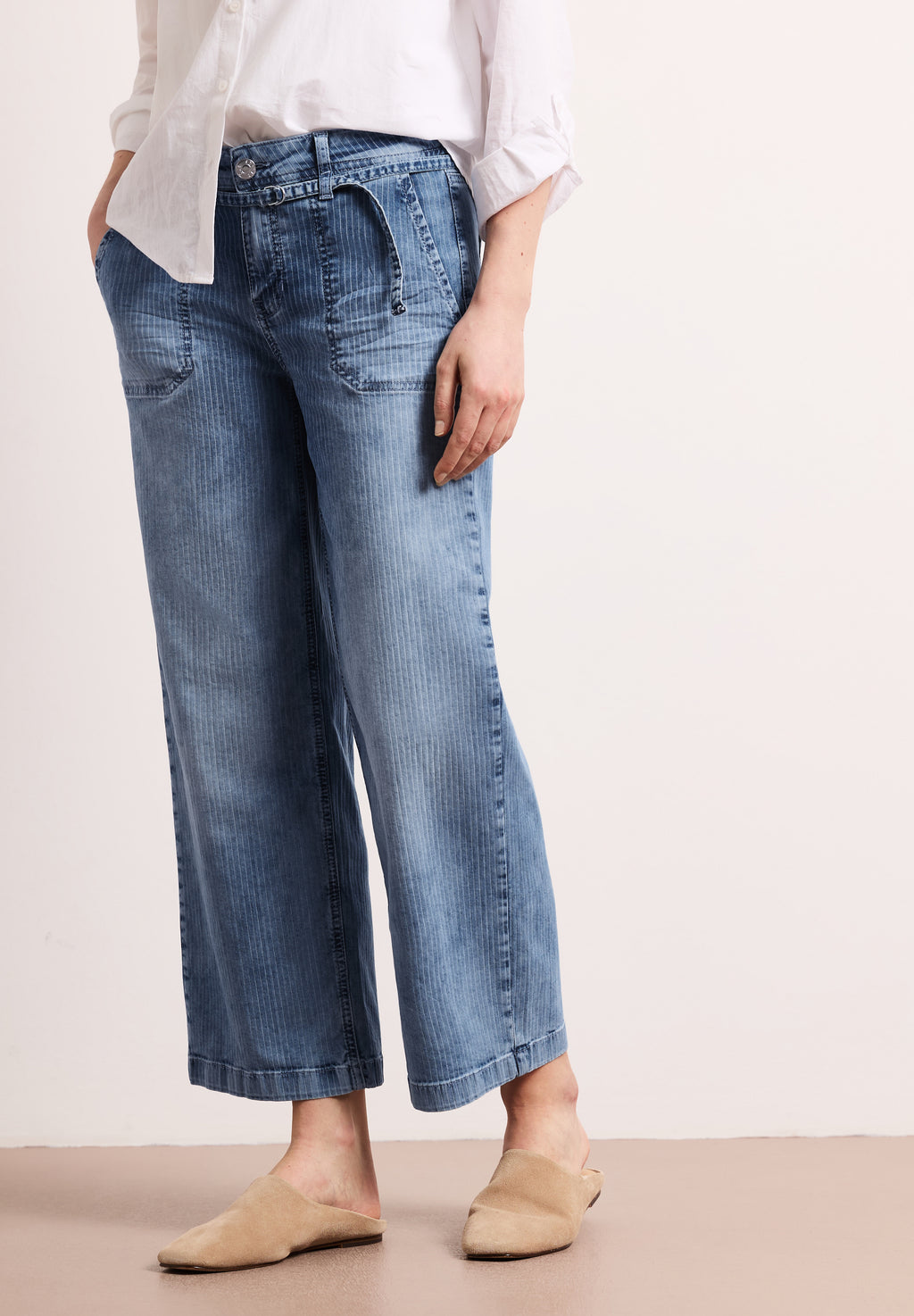 Mid Waist Wide Leg Jeans mit Streifen