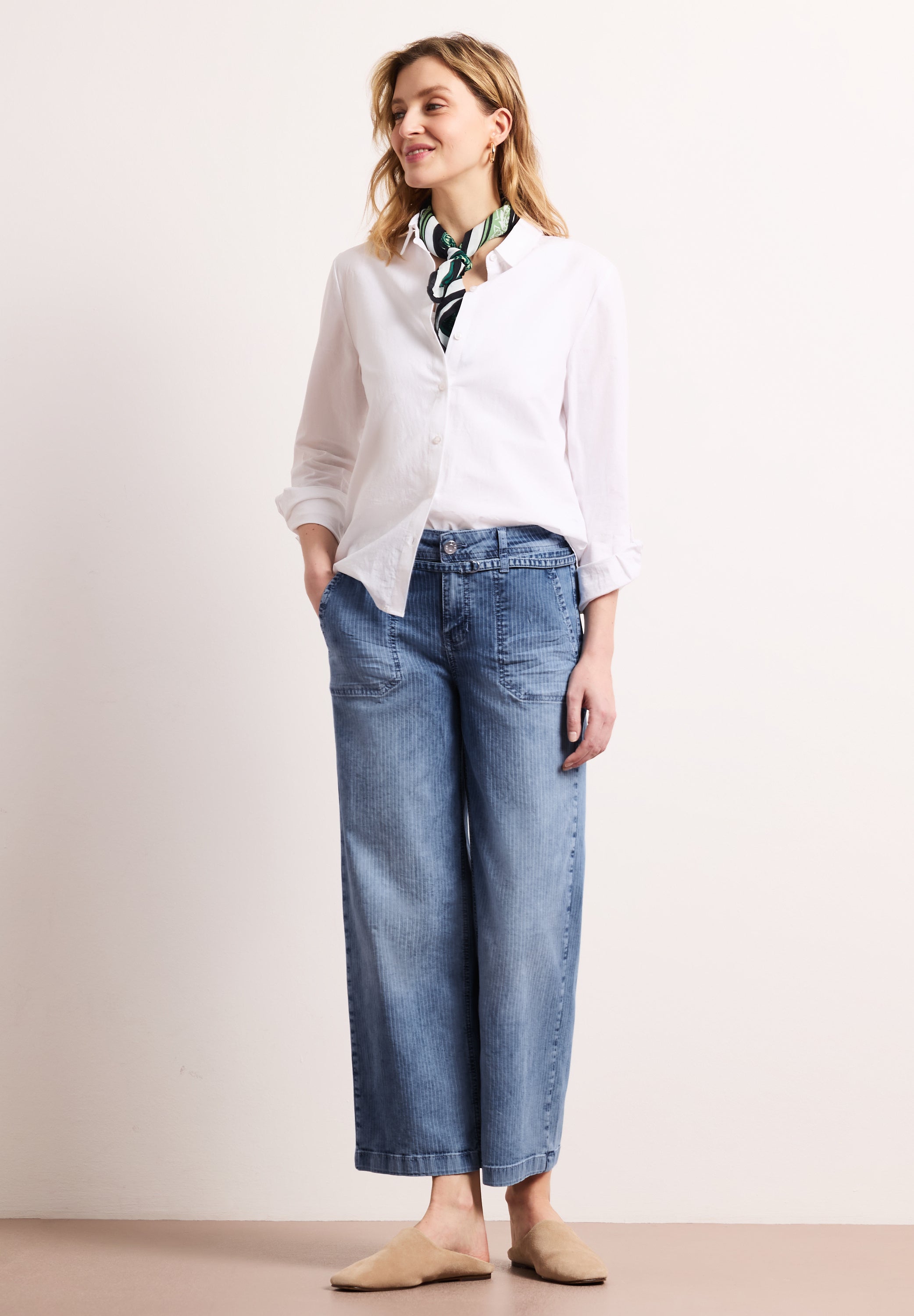 Mid Waist Wide Leg Jeans mit Streifen