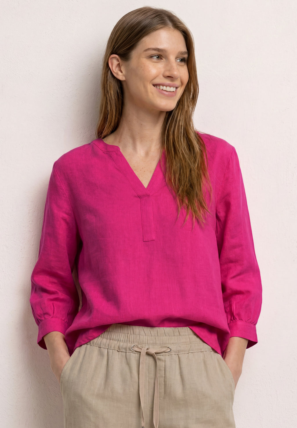 3/4-Arm Bluse aus Leinenmix mit Split Neck