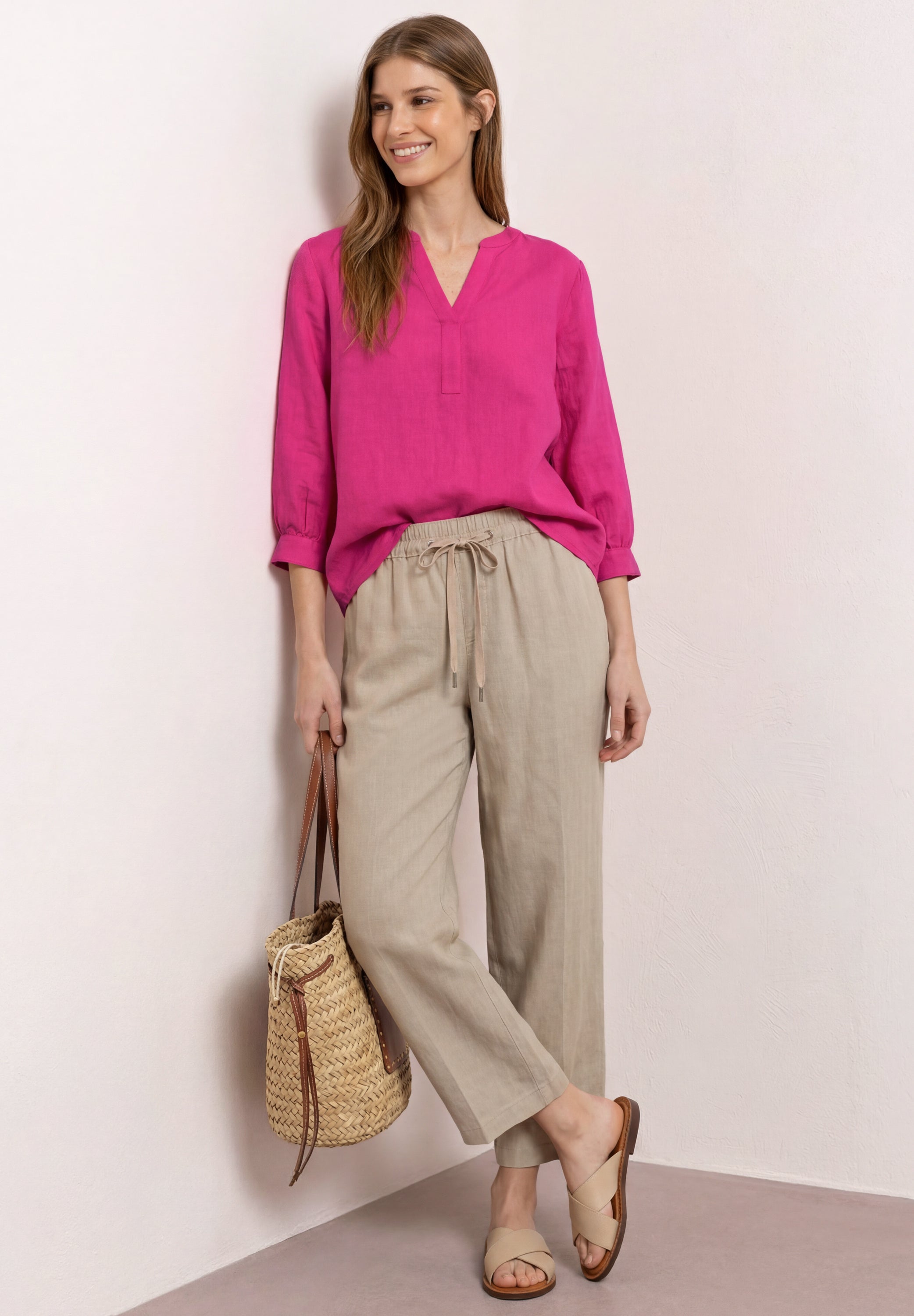 3/4-Arm Bluse aus Leinenmix mit Split Neck