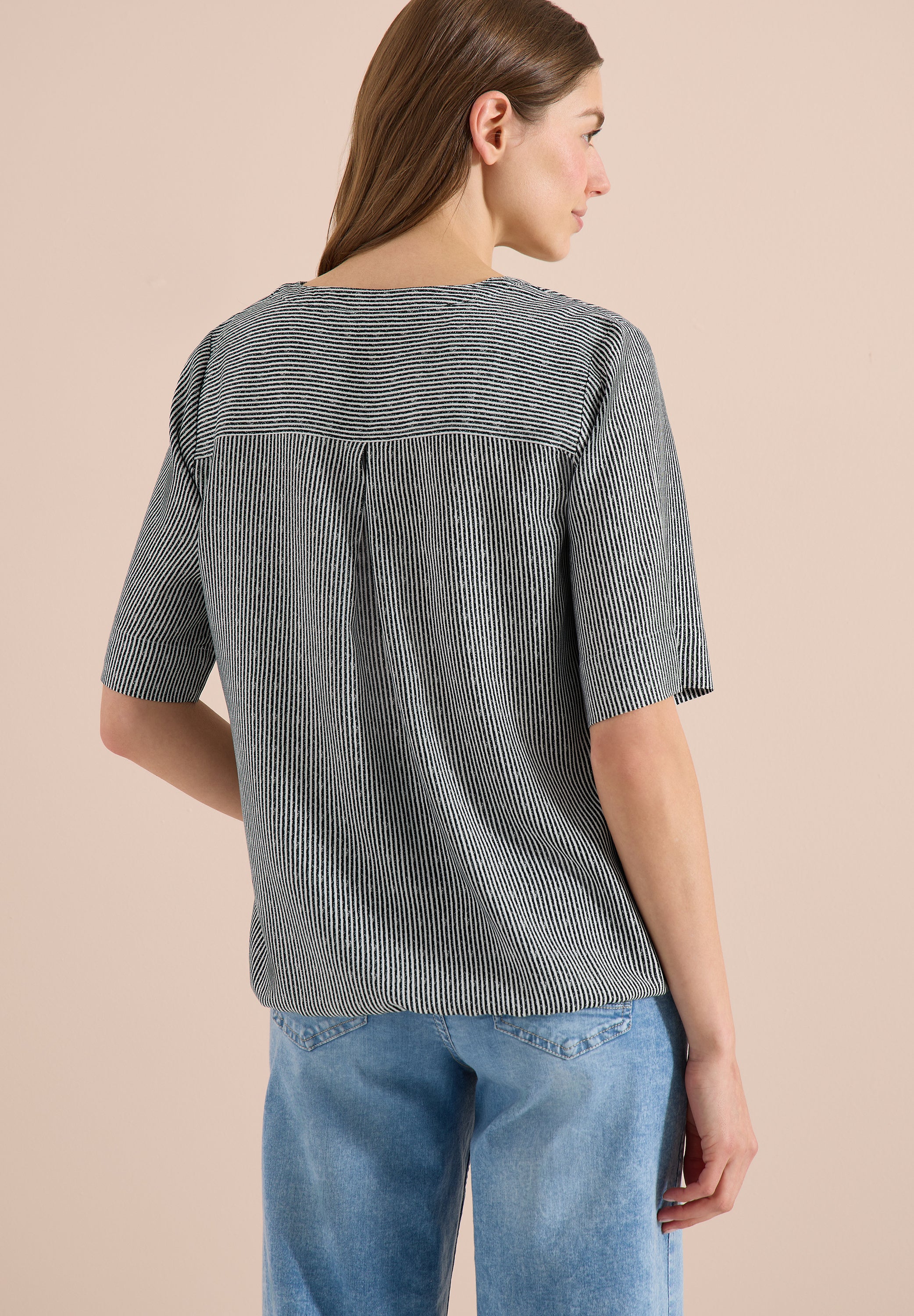 Kurzarm Bluse mit Split Neck und Streifen