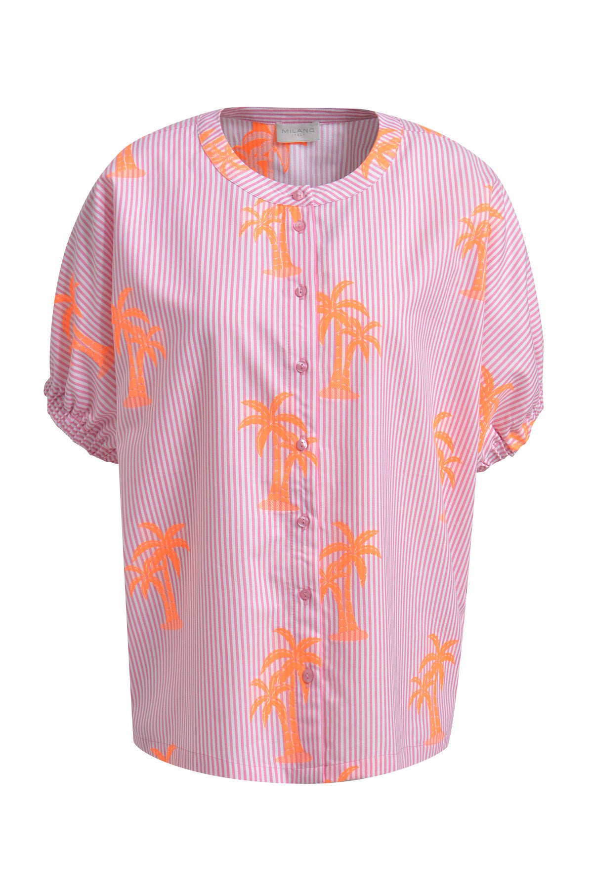 oversized blouse w neckpanel, placket + elastic cuffs