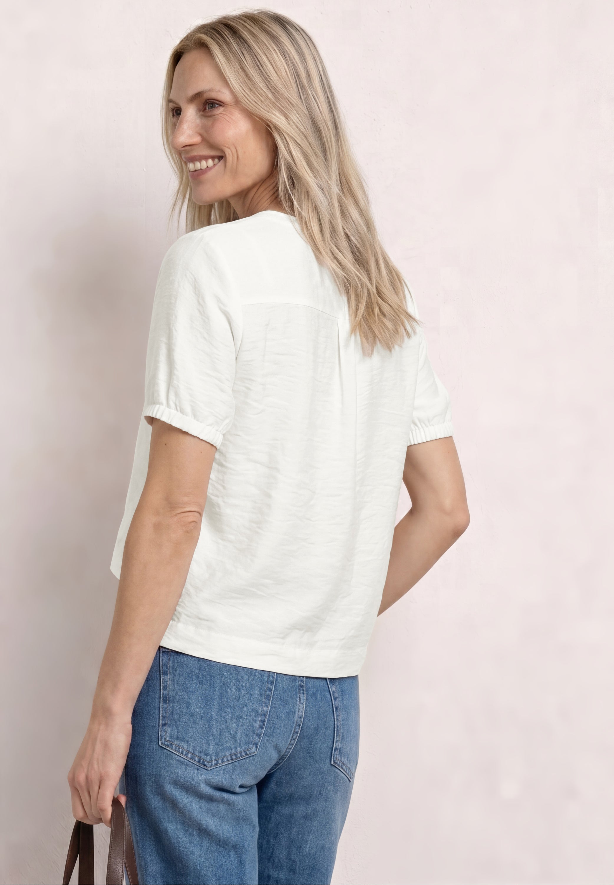 Kurzarm Bluse mit Split Neck und Knöpfen