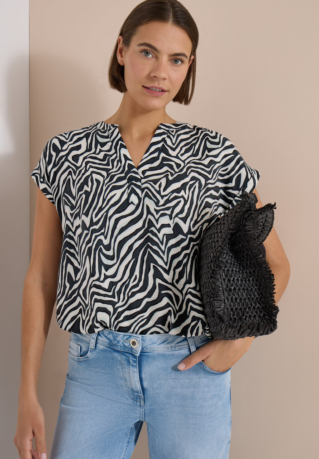 Bluse mit Split Neck und Zebra-Print