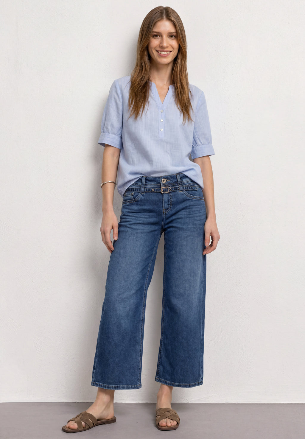 Chambray Bluse mit Split Neck und Elastiksaum