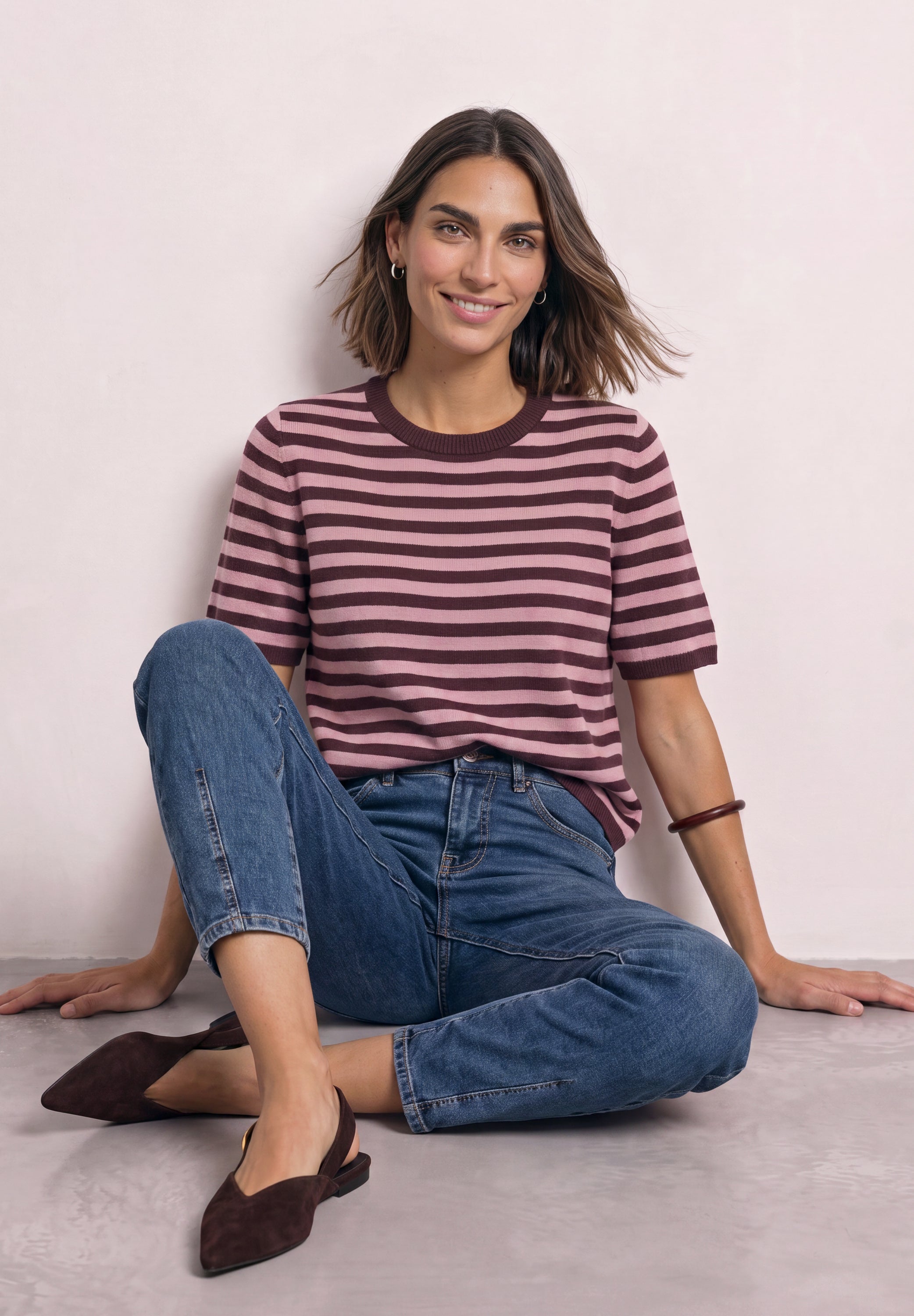 Kurzarm Pullover mit Rundhals und Streifen