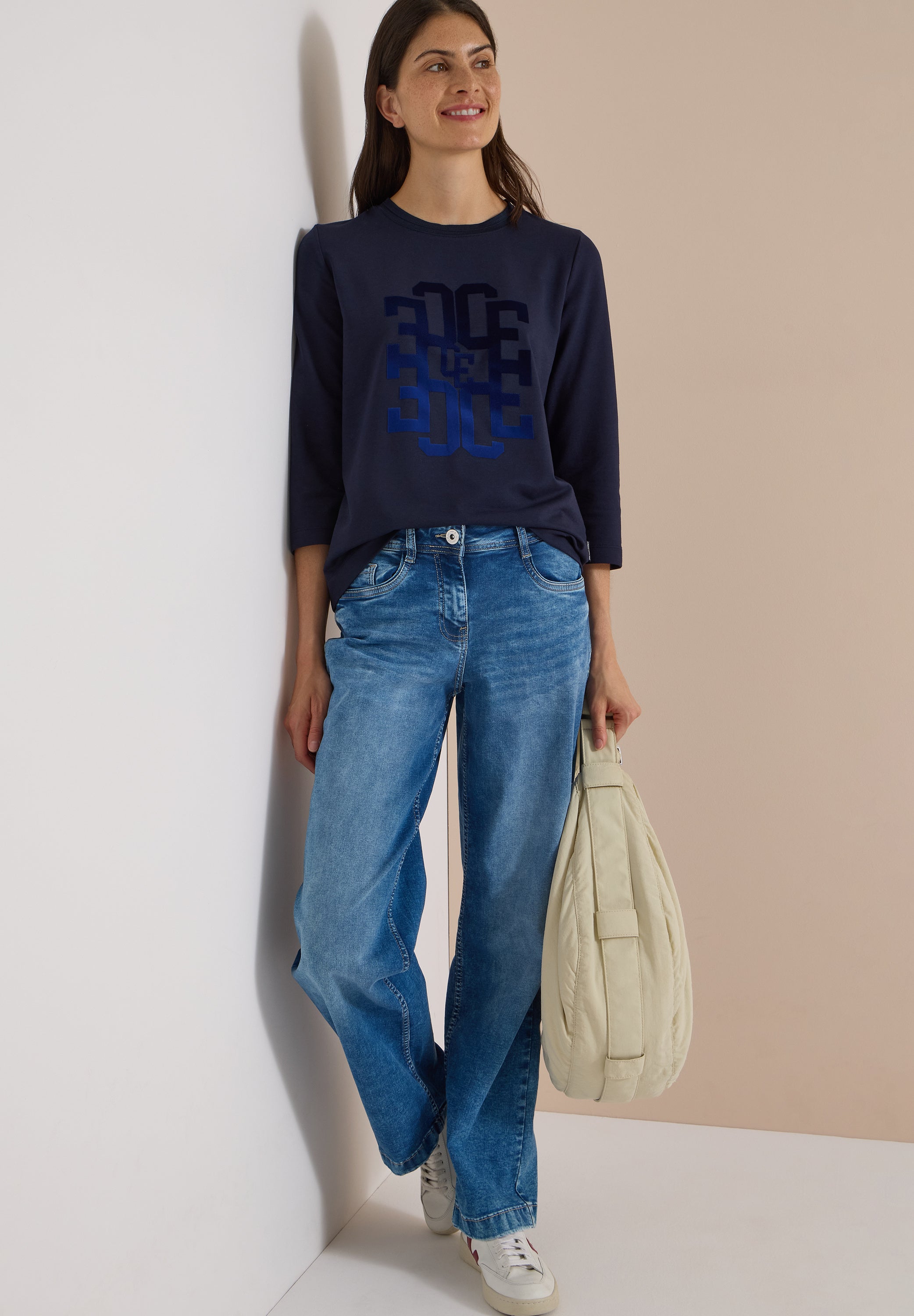 3/4-Arm Shirt mit Rundhals und Wording