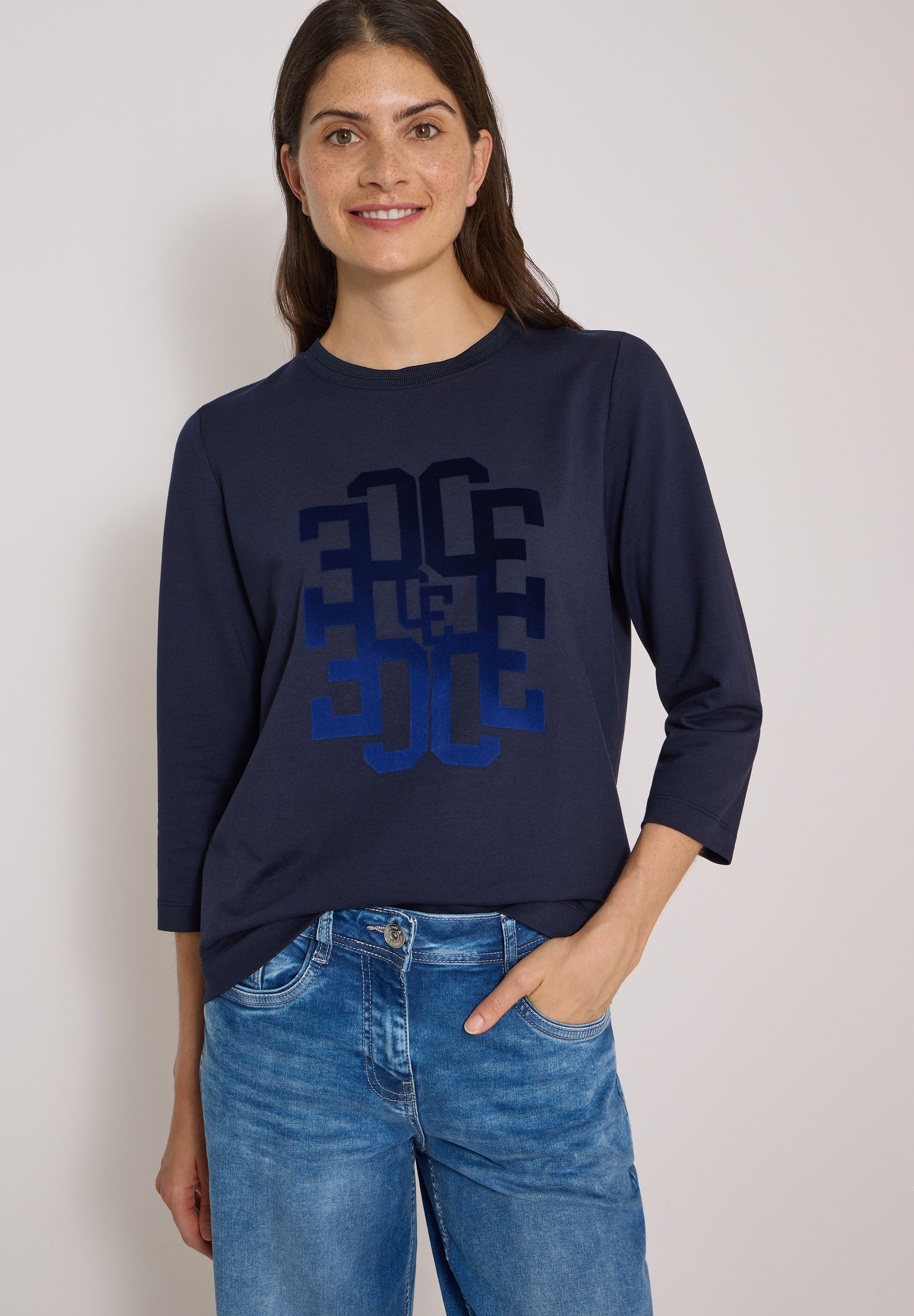 3/4-Arm Shirt mit Rundhals und Wording
