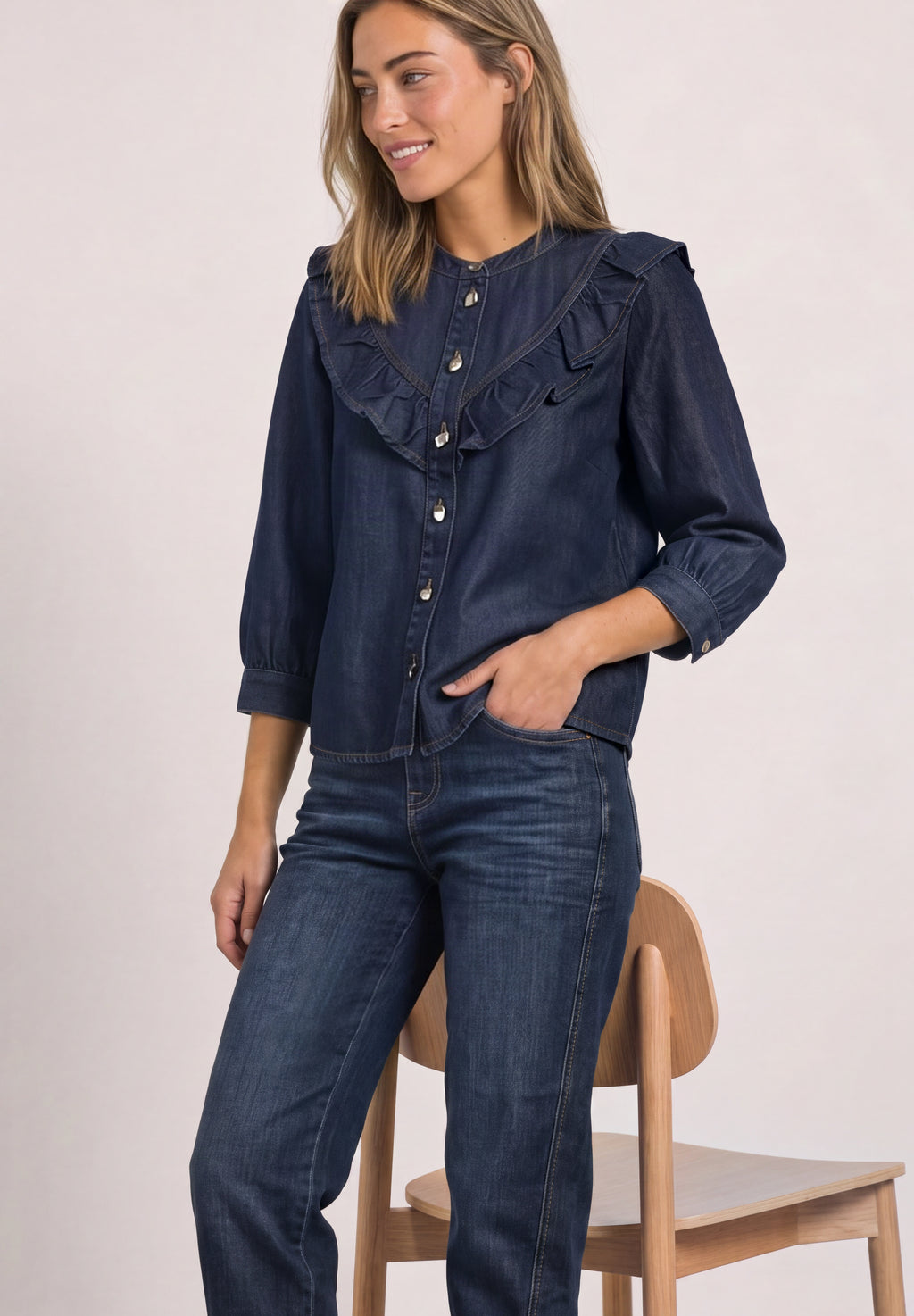 Langarm Denim Bluse mit Rüschen