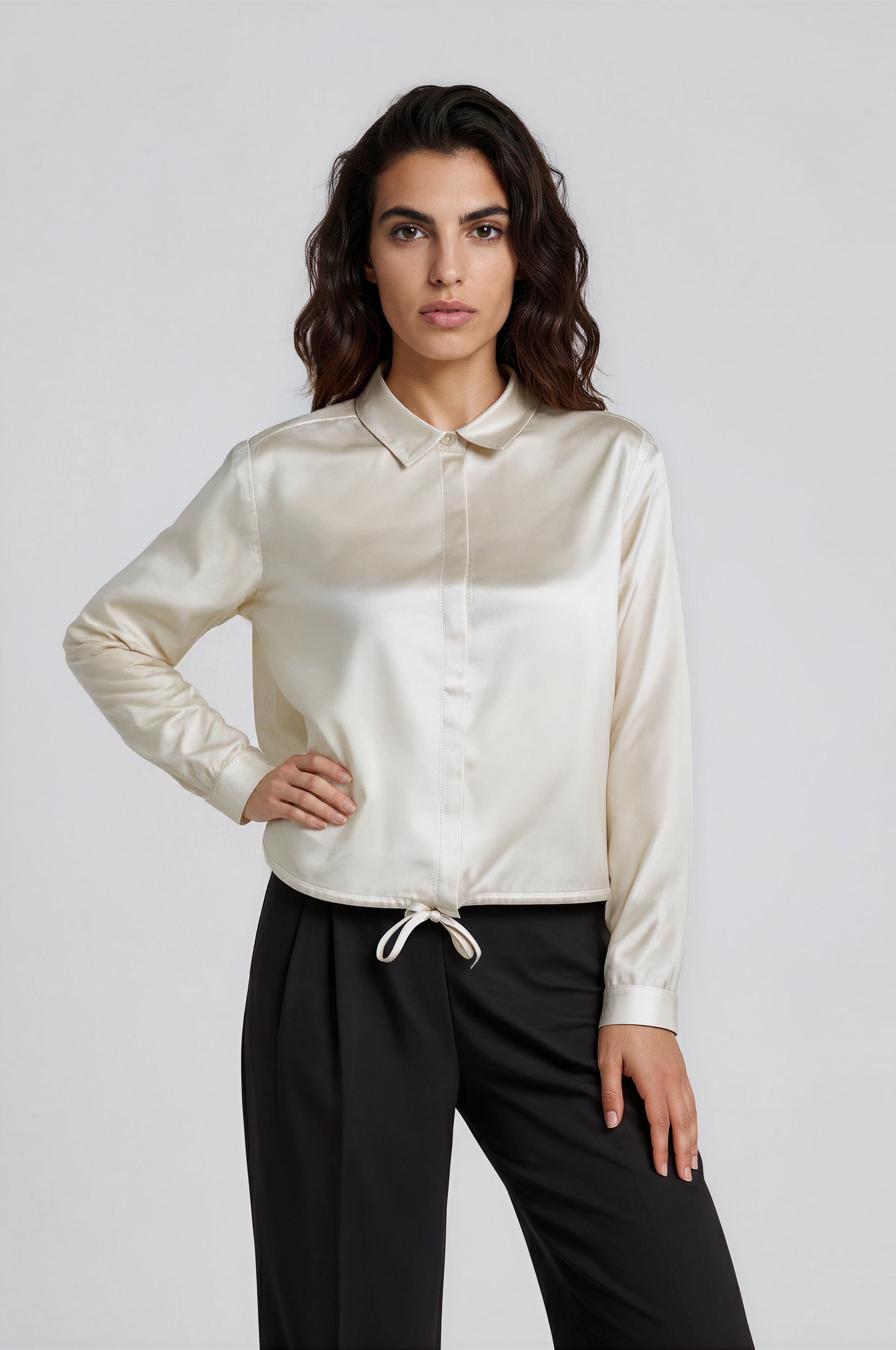 cropped blouse with drawstring at hem 1/1 sleeve