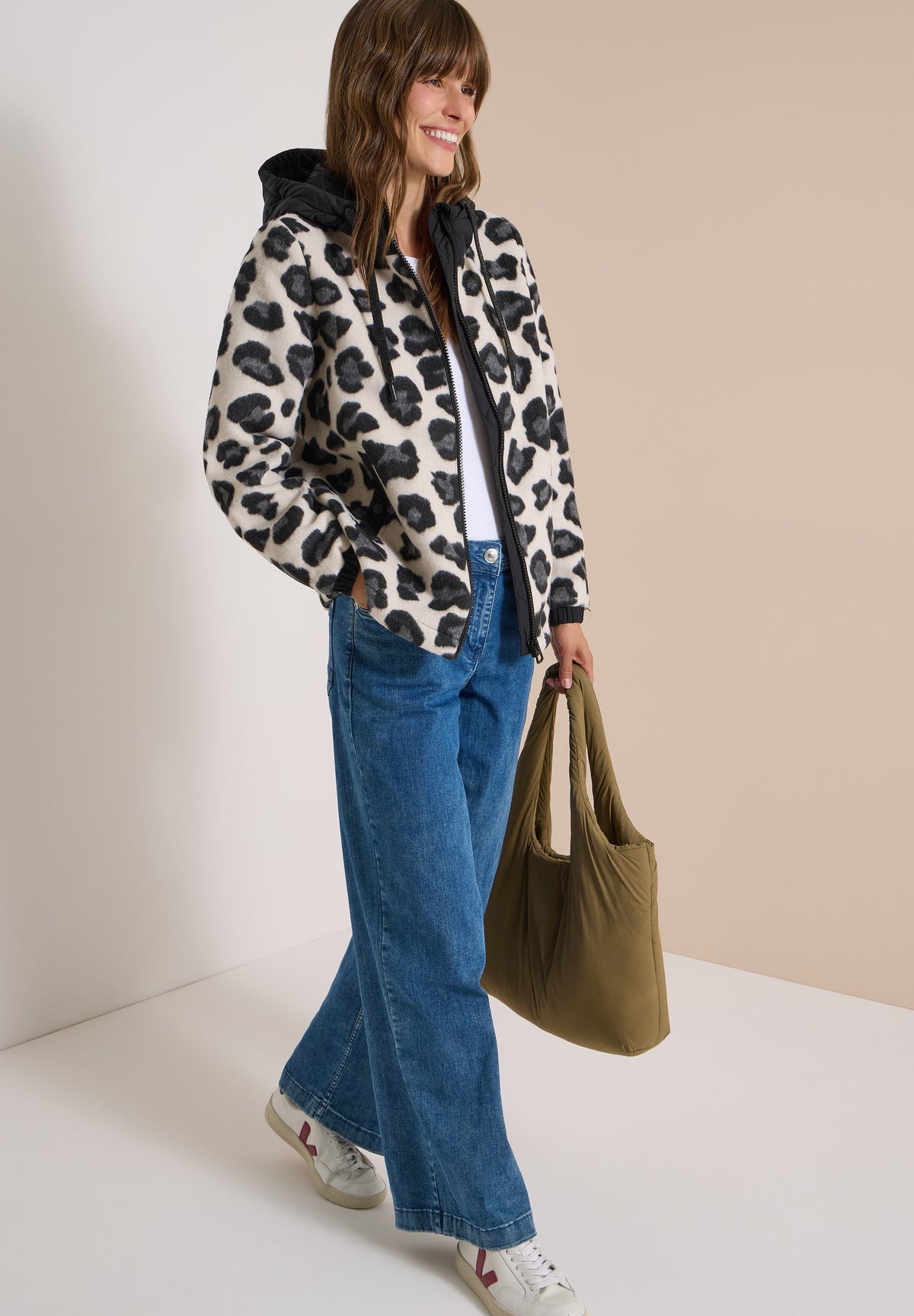 Jacke mit Wollanteil und Leo-Muster