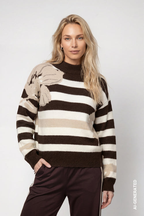 Strickpullover mit Streifen und Blumendetails von Monari