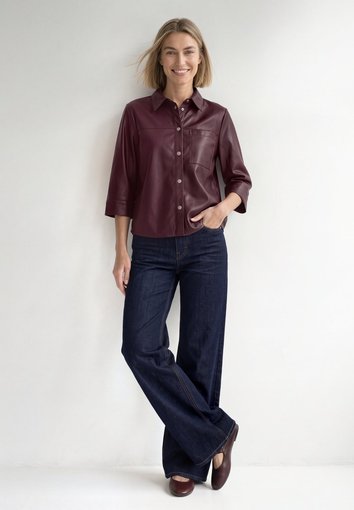 3/4-Arm Hemdbluse im Leder-Look