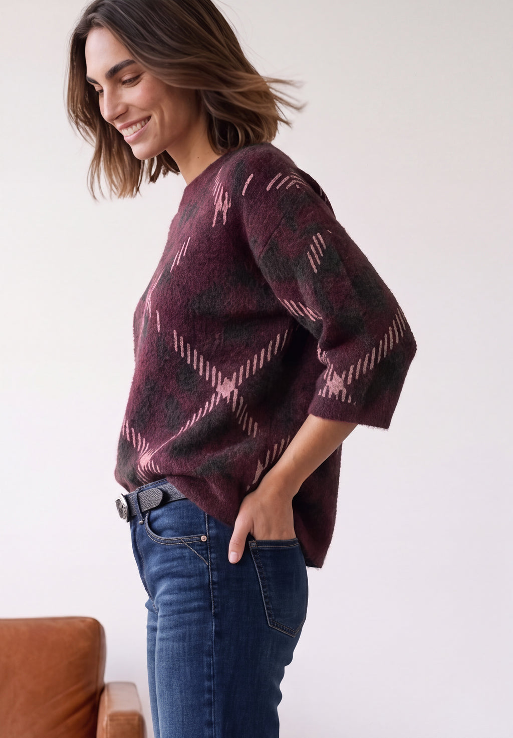 Kurzarm-Jacquardpullover mit Karomuster von Street One