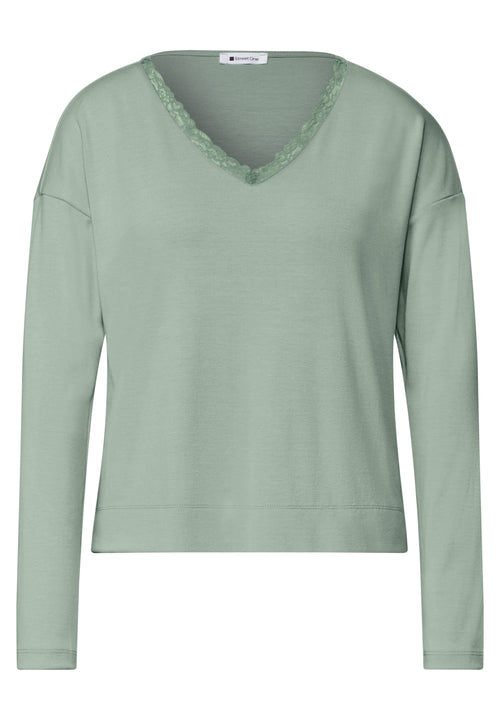 Langarm Shirt mit V-Neck und Spitzendetail