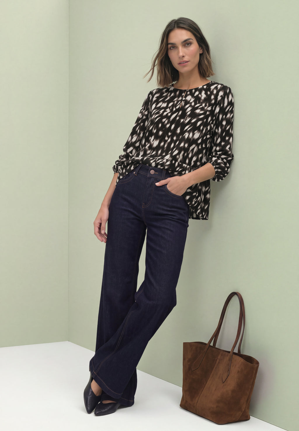 Langarm Bluse mit Schößchen und Rehprint